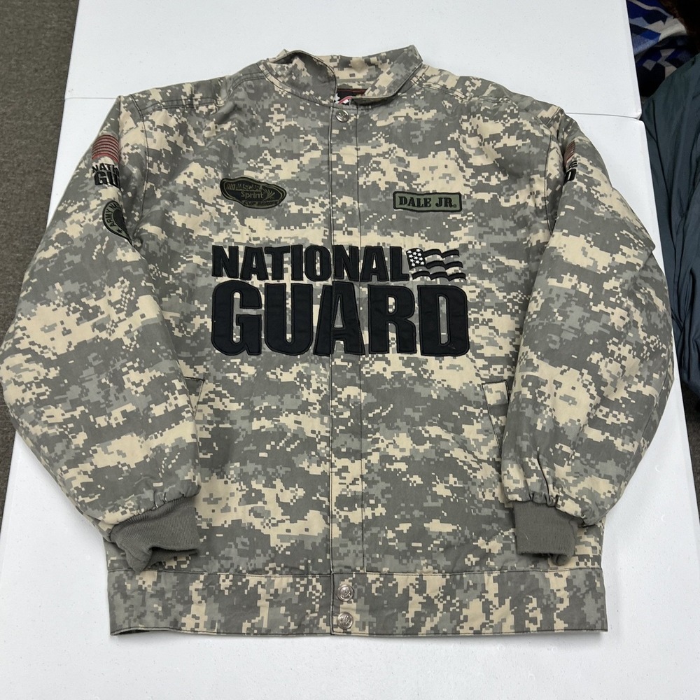 National Guard nascar Jacket Mens M Grey Camo Excellent Skull Graphic ACU Zip
